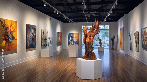 A modern art gallery featuring a variety of unique paintings, sculptures, and installations. Generative ai