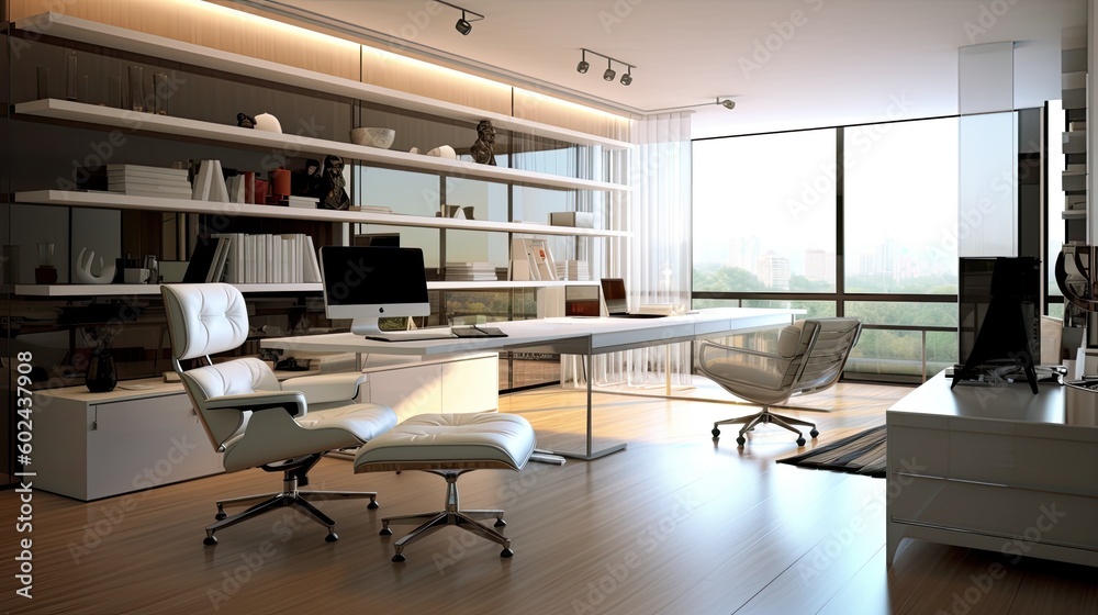 A sleek home office with minimalist design, featuring ergonomic furniture and a glass desk. Generative ai
