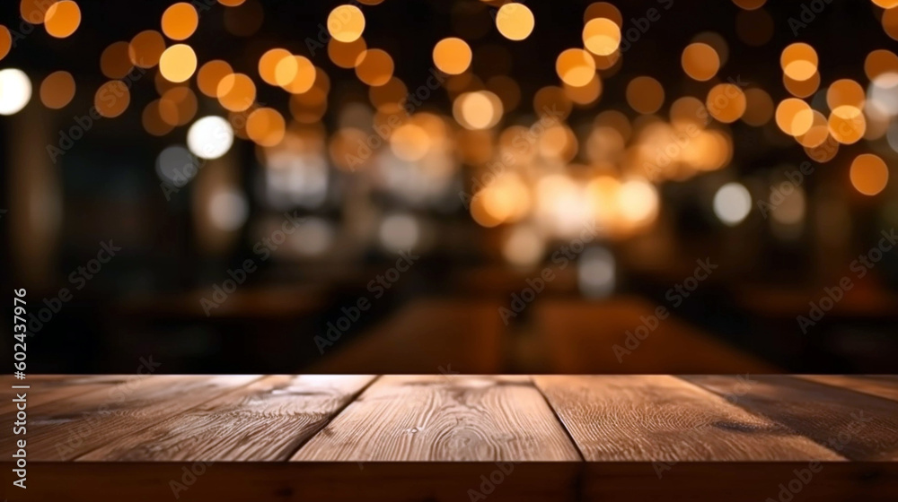 image of wooden table in front of abstract blurred background of restaurant lights. AI Generative