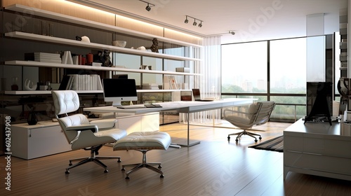 A sleek home office with minimalist design, featuring ergonomic furniture and a glass desk. Generative ai © Sechaba