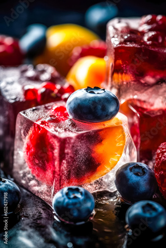 Fresh fruits frozen in ice cubes. Fresh healthy summer eating. Ai generative