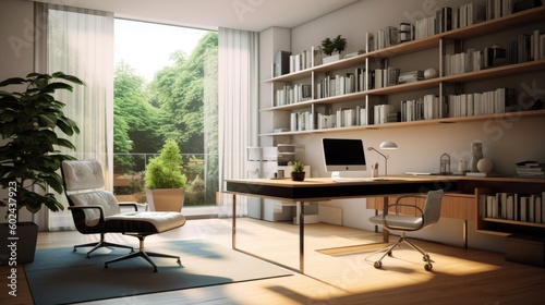 A sleek home office with minimalist design, featuring ergonomic furniture and a glass desk. Generative ai