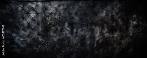 Black detailed leather texture on wide banner background with copy space. AI generative