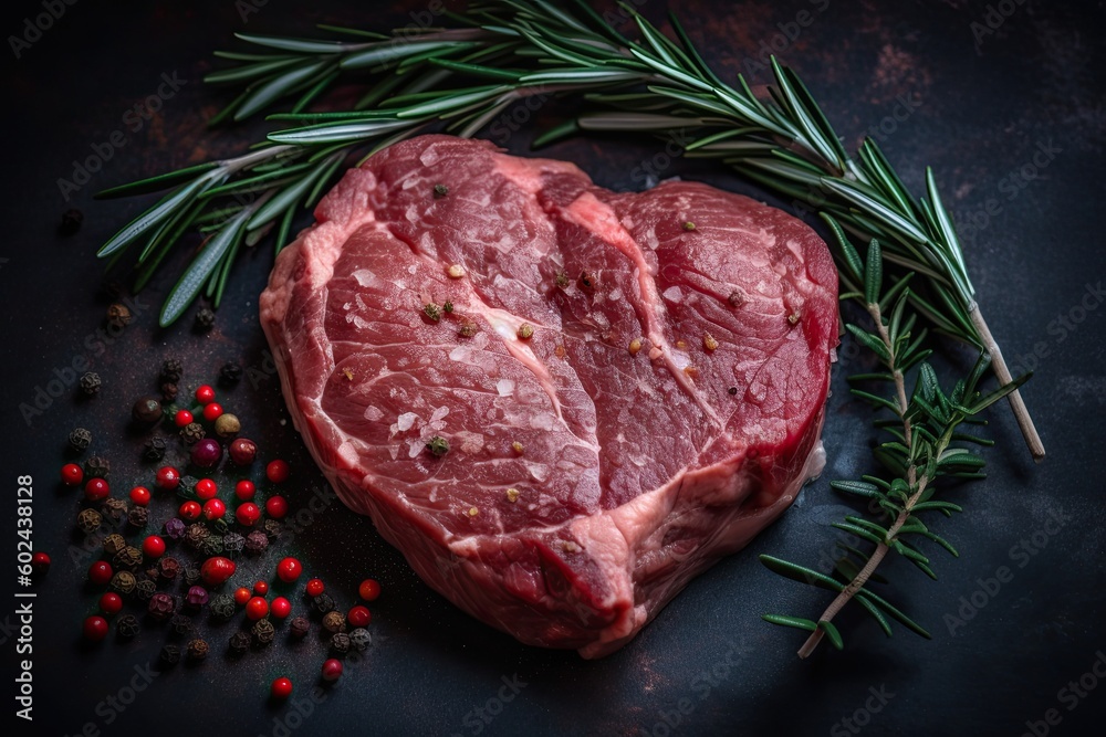 Romantic Valentine Steak: Heart-Shaped Beef with Rosemary & Red Nubs for a Perfect BBQ. Generative AI
