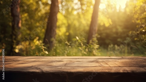 Rustic Wooden Table in a Summer Forest - Perfect for Product and Merchandise Display: Generative AI