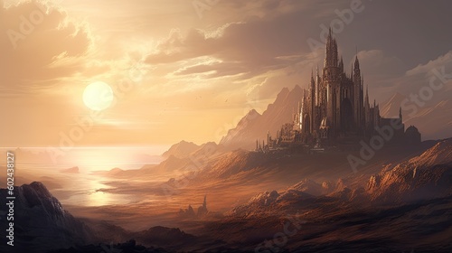 Striking Gold: A Beautiful Desert Victorian Cathedral with Digital Art Concept Futuristic City Landscape beneath a Mesmerising Twilight Sky. Generative AI