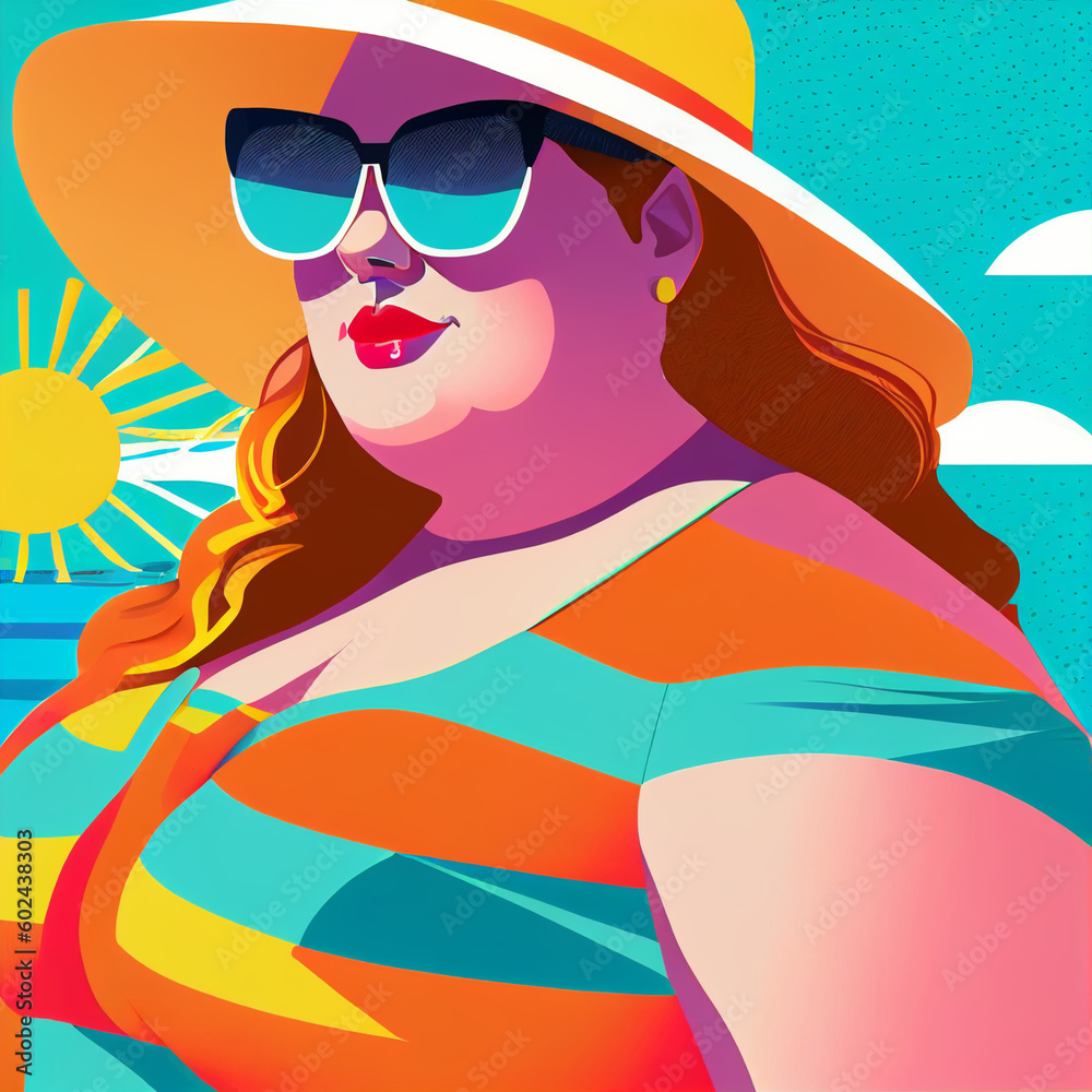 Summer beach lady in cute bold fun illustration style, bright colors, high contrast cheerful style; plus size white woman looking cool and fashionable in sunglasses (generative AI, AI)