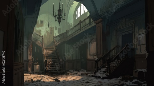 creepy interior of an abandoned building background, concept art, digital illustration, haunted house, scary interior, Generative AI