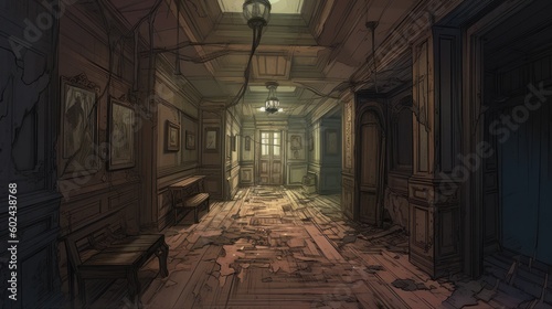 Wallpaper Mural creepy interior of an abandoned building background, concept art, digital illustration, haunted house, scary interior, Generative AI Torontodigital.ca