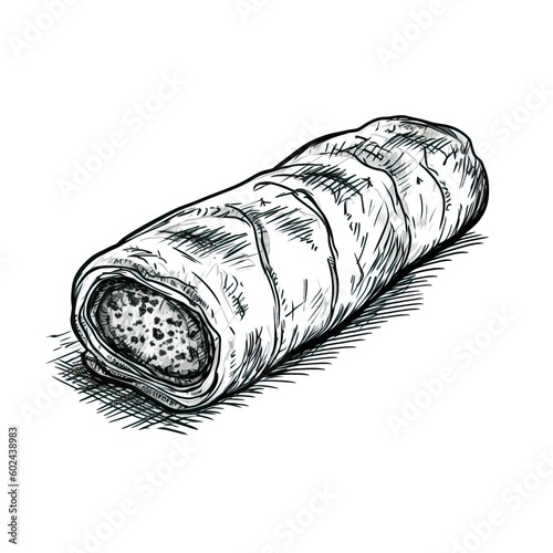A hand drawn sketch of a classic sausage roll on a white background, generated by AI technology. Perfect for adding a unique touch to your designs. AI generative