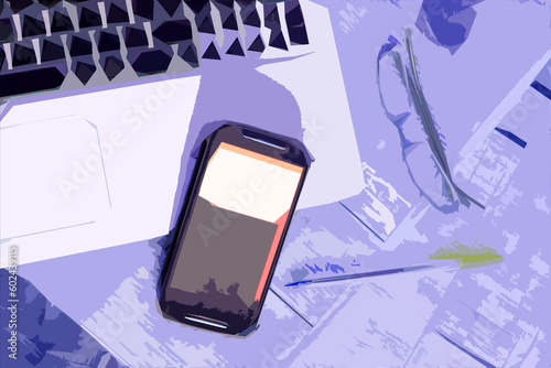 Illustration of mobile phone and notebook on office table