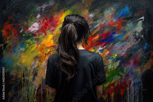 The Art of Modern Expression: A Painting of a Woman in a Black Dress Against A Colorful Graffiti, Generative AI © AIGen