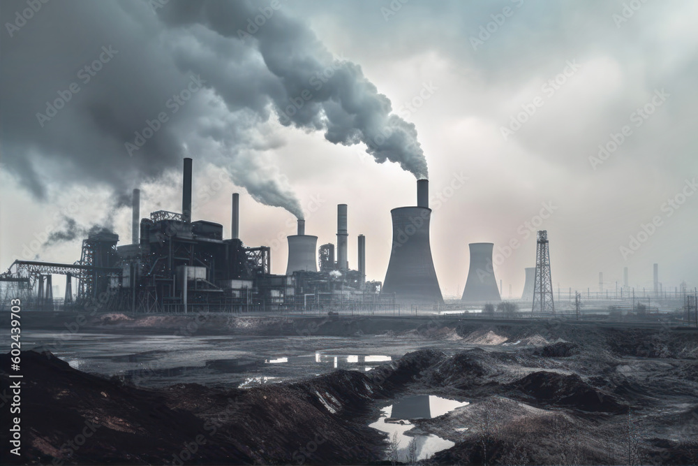 Coal power plant pollution, smoking industrial chimneys. Barren dirty environment. Generative AI