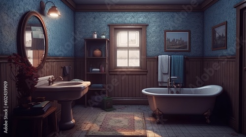Bathroom - A room in a house where a person can bath. AI generated