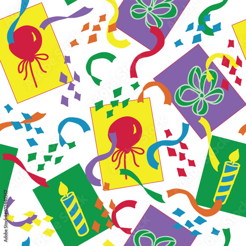 Birthday Party Celebrations with Colorful Cards, Balloons, Ribbons, and Confetti on a White Background