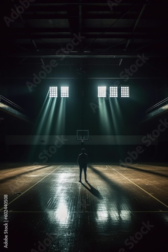 Dark basketball hall, a man standing in the middle. Generative AI.