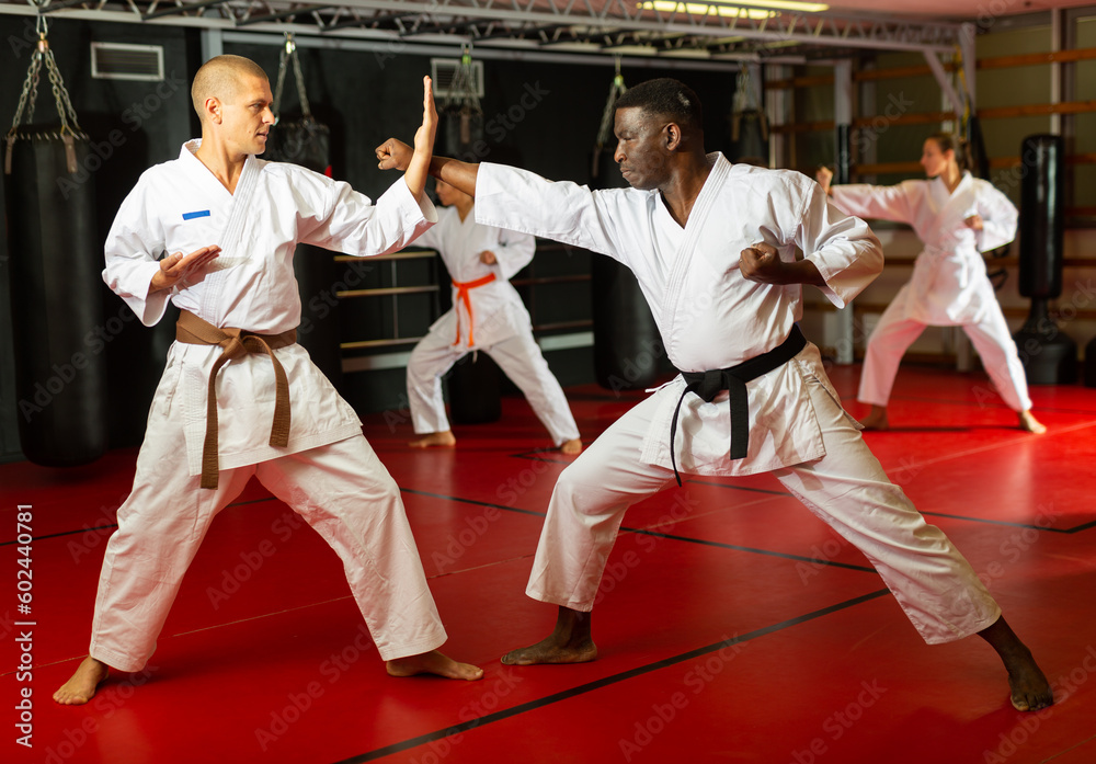 African-american and European men in kimono sparring together during group karate training in gym. Women sparring in background.