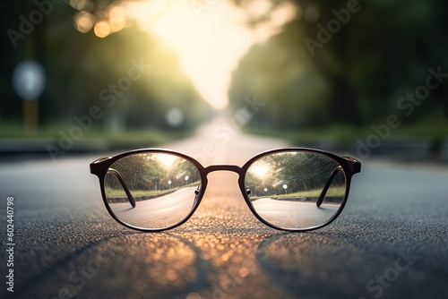 A road leading to a source of light behind an eyeglasses, with blur background. Generative AI.