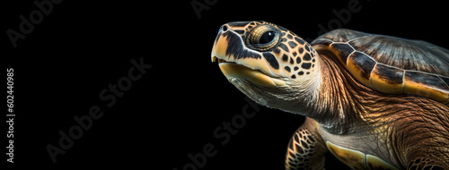 Sea Turtle, Eyes of the Ocean. Stunning Close-Up Shots of Sea Turtle's Head and Expressive Eyes Against a Black Background. Generative AI. 