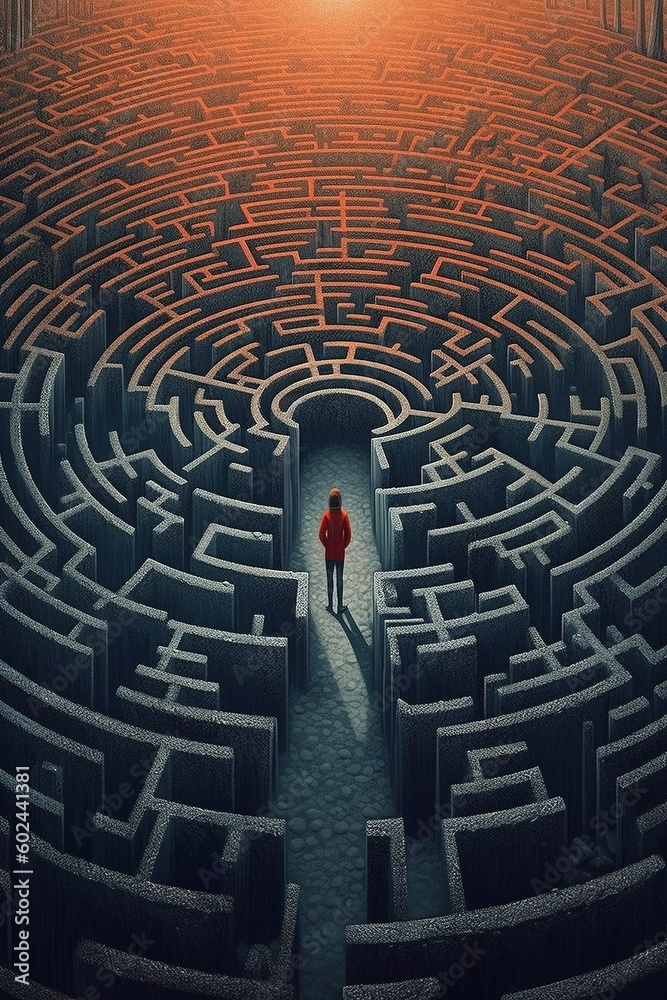 The man reaches end of maze. Generative AI. The man reaches end of maze. Generative AI.