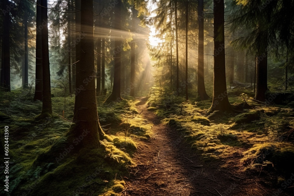 Fototapeta premium The sun shines through the trees in the forest on a sunny day. Generative AI.