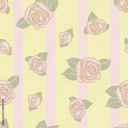 Pink Roses and Pink Stripes on a Yellow Background