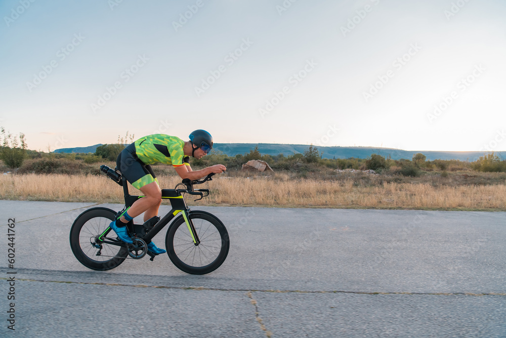 Fototapeta premium Triathlete riding his bicycle during sunset, preparing for a marathon. The warm colors of the sky provide a beautiful backdrop for his determined and focused effort.