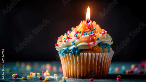 Freshly baked fluffy cupcake with a lighted candle on top, decorated with a smooth and creamy glaze with several small multicolored inclusions on top. Generative AI