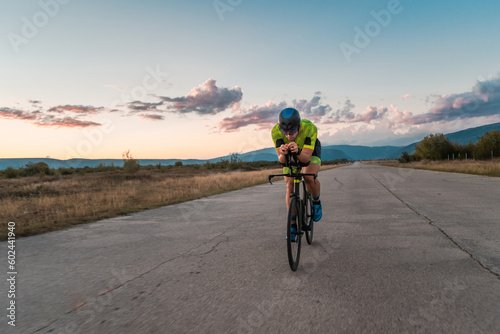 Fototapeta Naklejka Na Ścianę i Meble -   Triathlete riding his bicycle during sunset, preparing for a marathon. The warm colors of the sky provide a beautiful backdrop for his determined and focused effort.