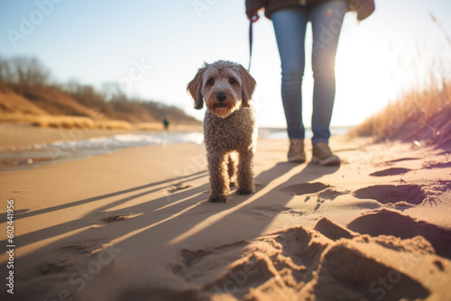 Person walking a dog on the beach in the sunlight, Generative AI photo