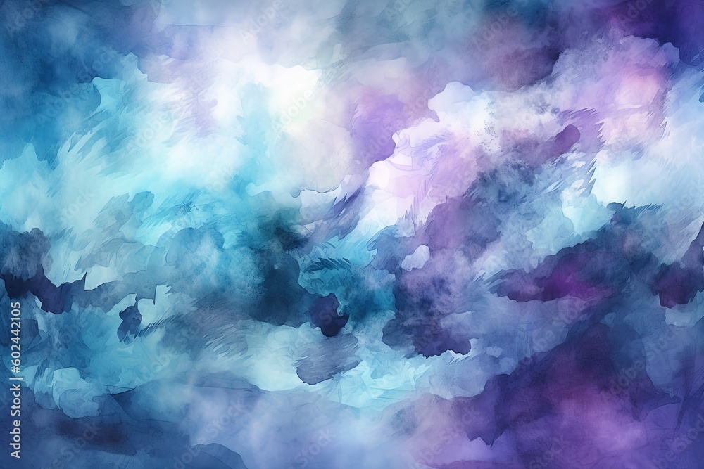 Stunning Blue and Purple Grungy Cloud-Filled Watercolour Landscape Painting: Generative AI