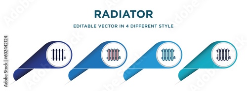radiator icon in 4 different styles such as filled, color, glyph, colorful, lineal color. set of vector for web, mobile, ui