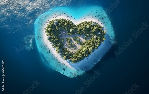 Top view of tropical heart shape island surrounded by turquoise water created with Generative AI technology 