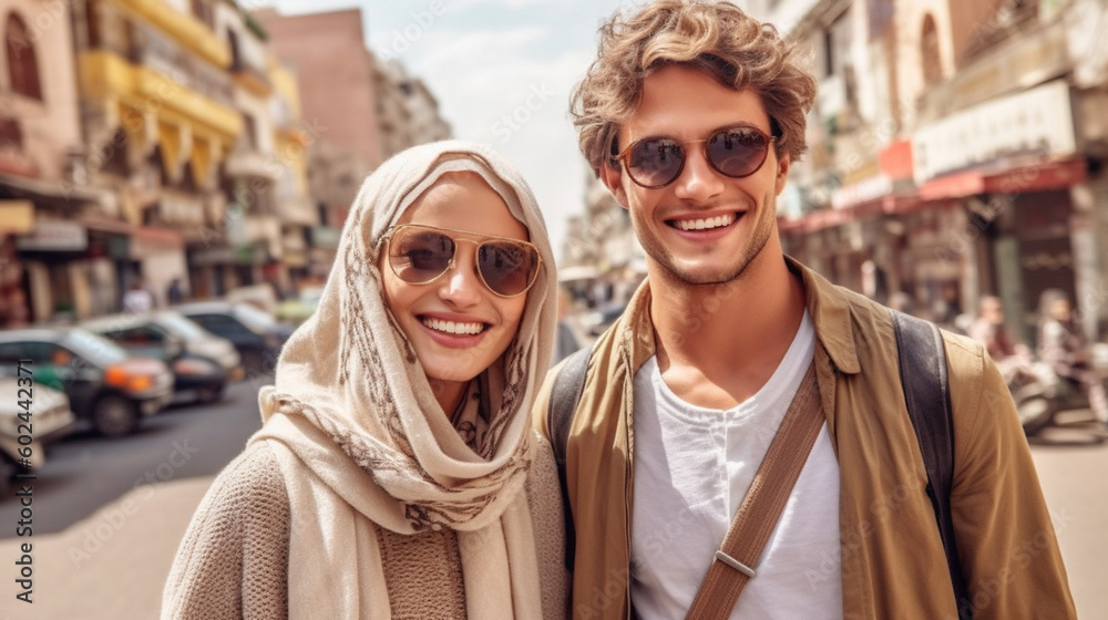 young adult woman and man, couple or friends, walking on a street in leisure or vacation in sunny good weather, smiling, fictional place