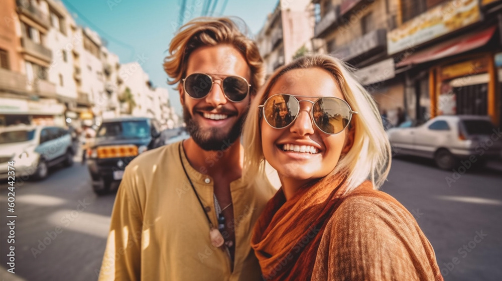 young adult woman and man, couple or friends, walking on a street in leisure or vacation in sunny good weather, smiling, fictional place