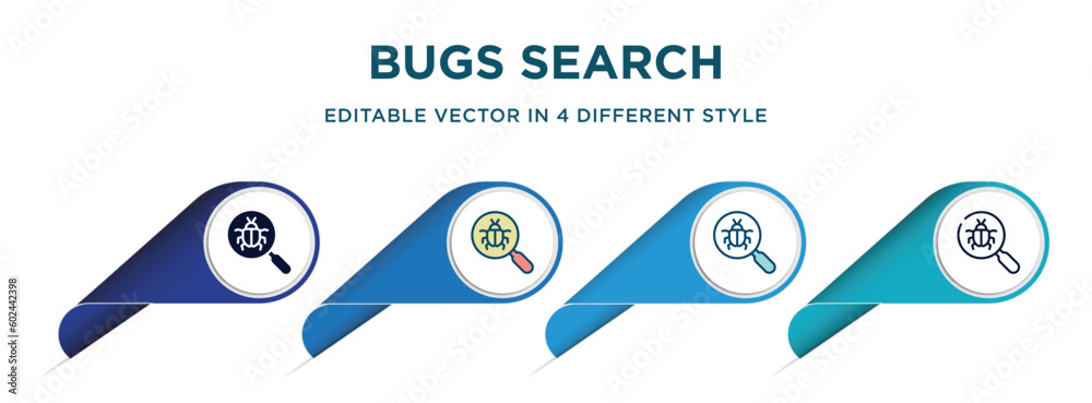 bugs search icon in 4 different styles such as filled, color, glyph, colorful, lineal color. set of vector for web, mobile, ui bugs search icon in 4 different styles such as filled, color, glyph, colorful, lineal color. set of vector for web, mobile, ui