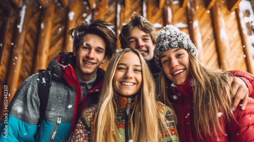 young adult teenage group girls and a boys outdoors in snow in winter in garden together in free time, snowflakes and selfie