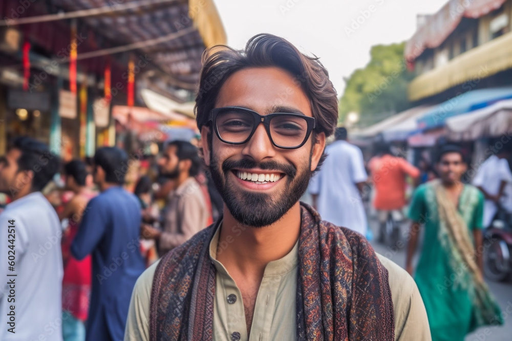 young adult man traveling in indian or asian place, fictional place, travel vacation or emigrated