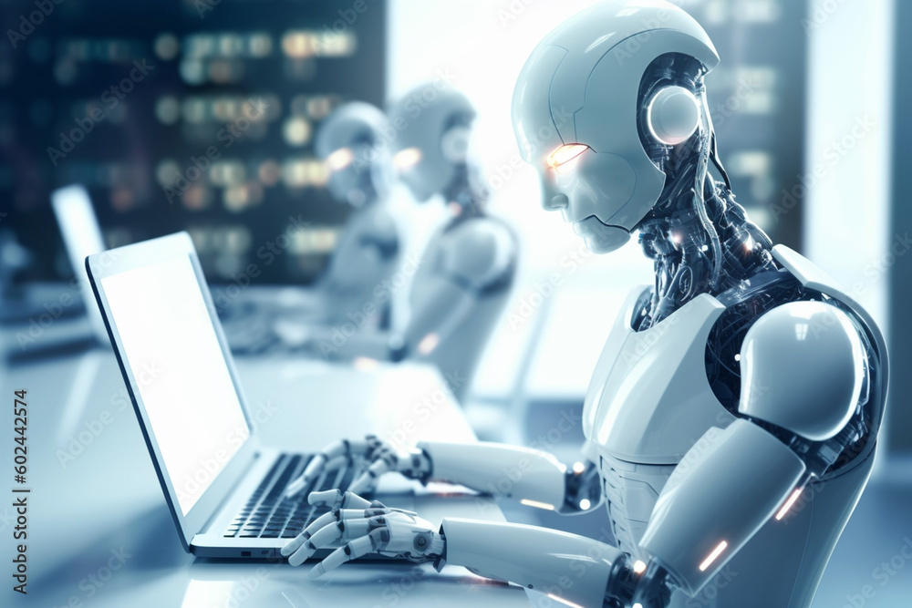 a robot humanoid android cyborg with artificial intelligence working at the computer
