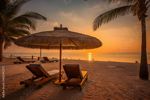 on the beach with sun beds and umbrellas by the sea with palm trees and sunset