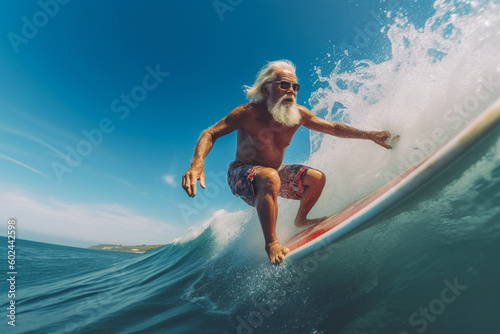 old adult male with gray beard and gray hair, surfing a wave © wetzkaz