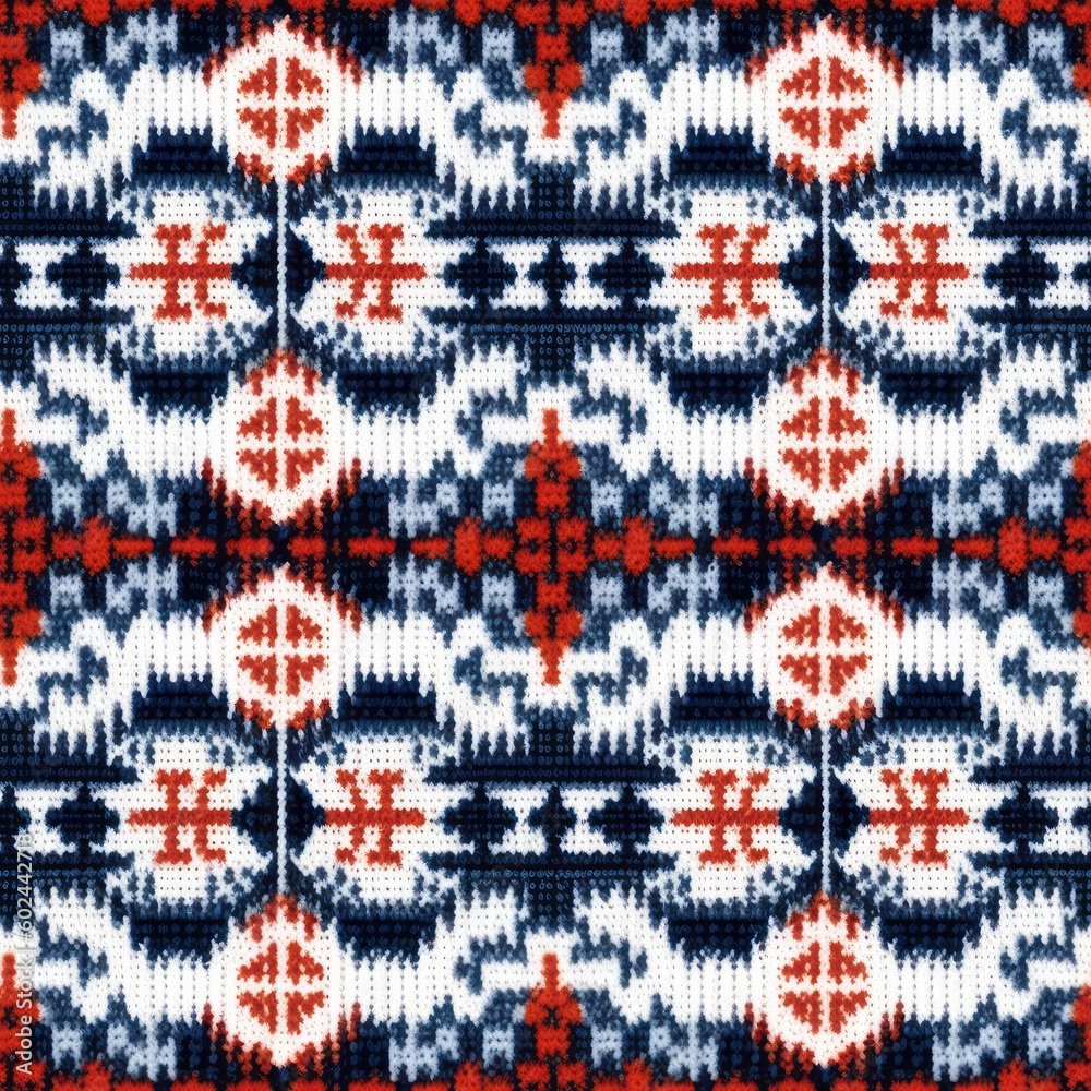 Knit Patch with Blue and Red Vistic Seamless Pattern Design, Generative AI