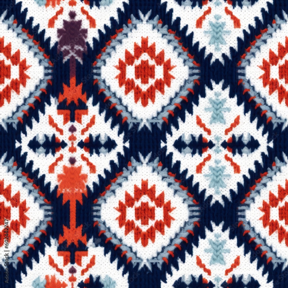 Knit Patch with Blue and Red Vistic Seamless Pattern Design, Generative AI