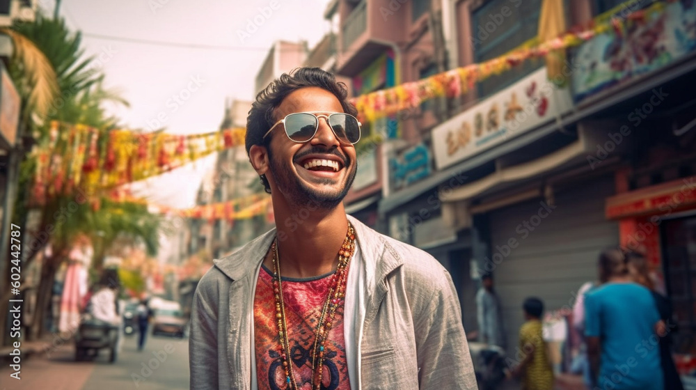 Fototapeta premium young adult man in side street in asia, fictional place, tourist in old town