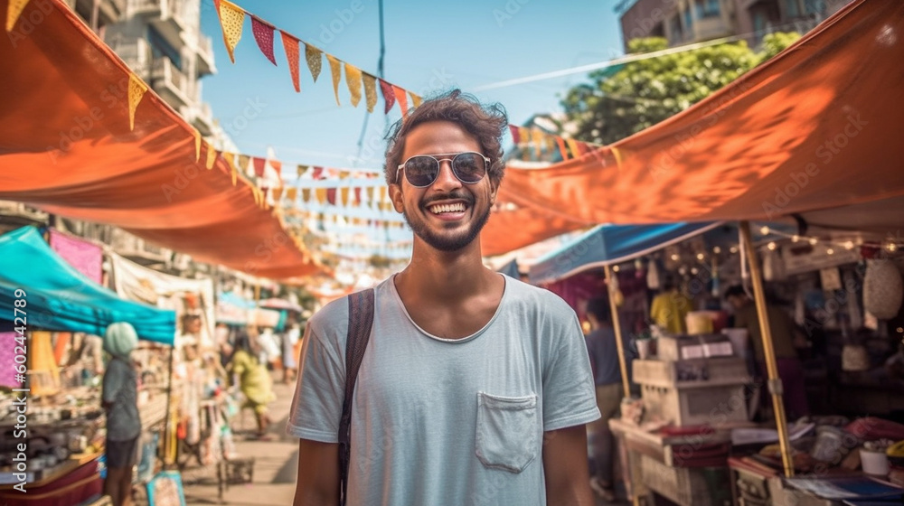 Obraz premium young adult man in side street in asia, fictional place, tourist in old town