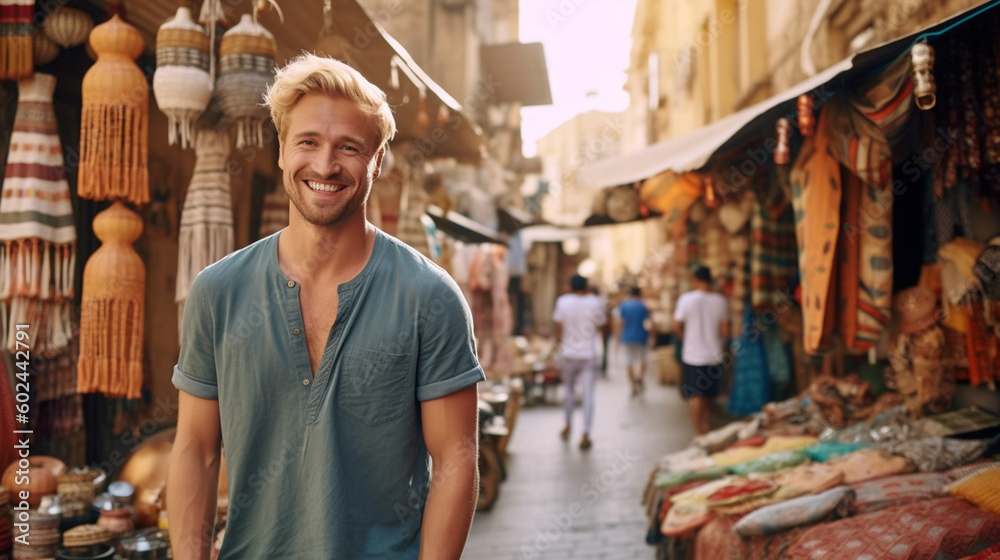 young adult man in a side street in the arabic region, fictional place, tourist in the old town