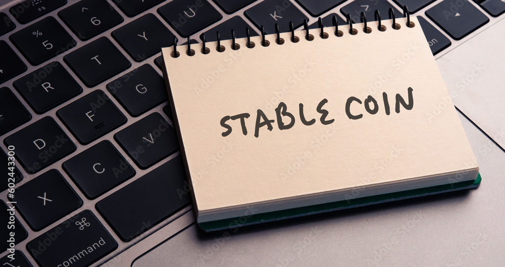 There is notebook with the word Stablecoin.It is as an eye-catching image. There is notebook with the word Stablecoin.It is as an eye-catching image.