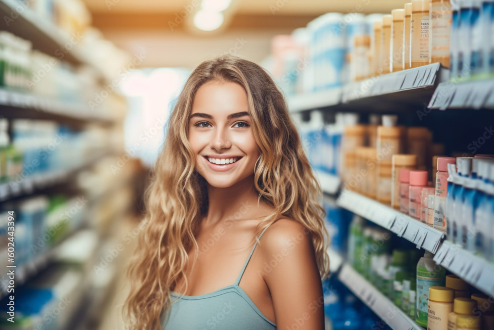 young attractive beautiful woman with wavy long blond hair wears a summer shirt and smiles, stands between the shelves in a small supermarket with products on the shelves, shopping
