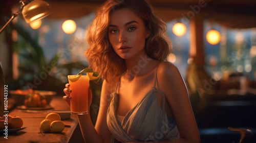 young adult woman in evening dress or beach dress in a beach bar or bar with a view and a cocktail or orange juice in hand