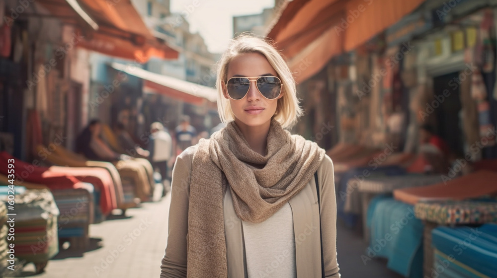 Fototapeta premium young adult woman with headscarf as sun protection, caucasian, in a market reading tourist with handbag and sunglasses, holiday trip, fictional place